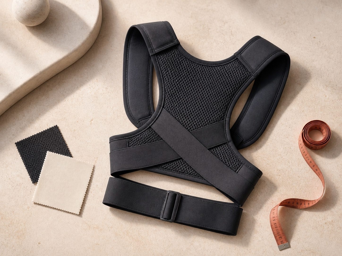 The corrector laid flat beside mesh and fabric swatches