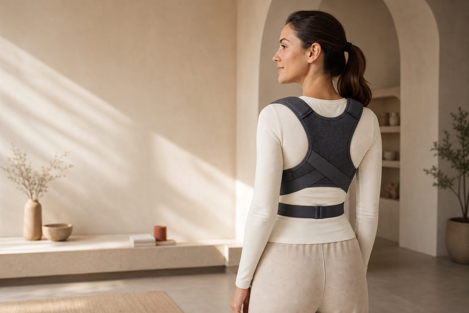 A woman wearing the charcoal posture corrector in a sunlit room