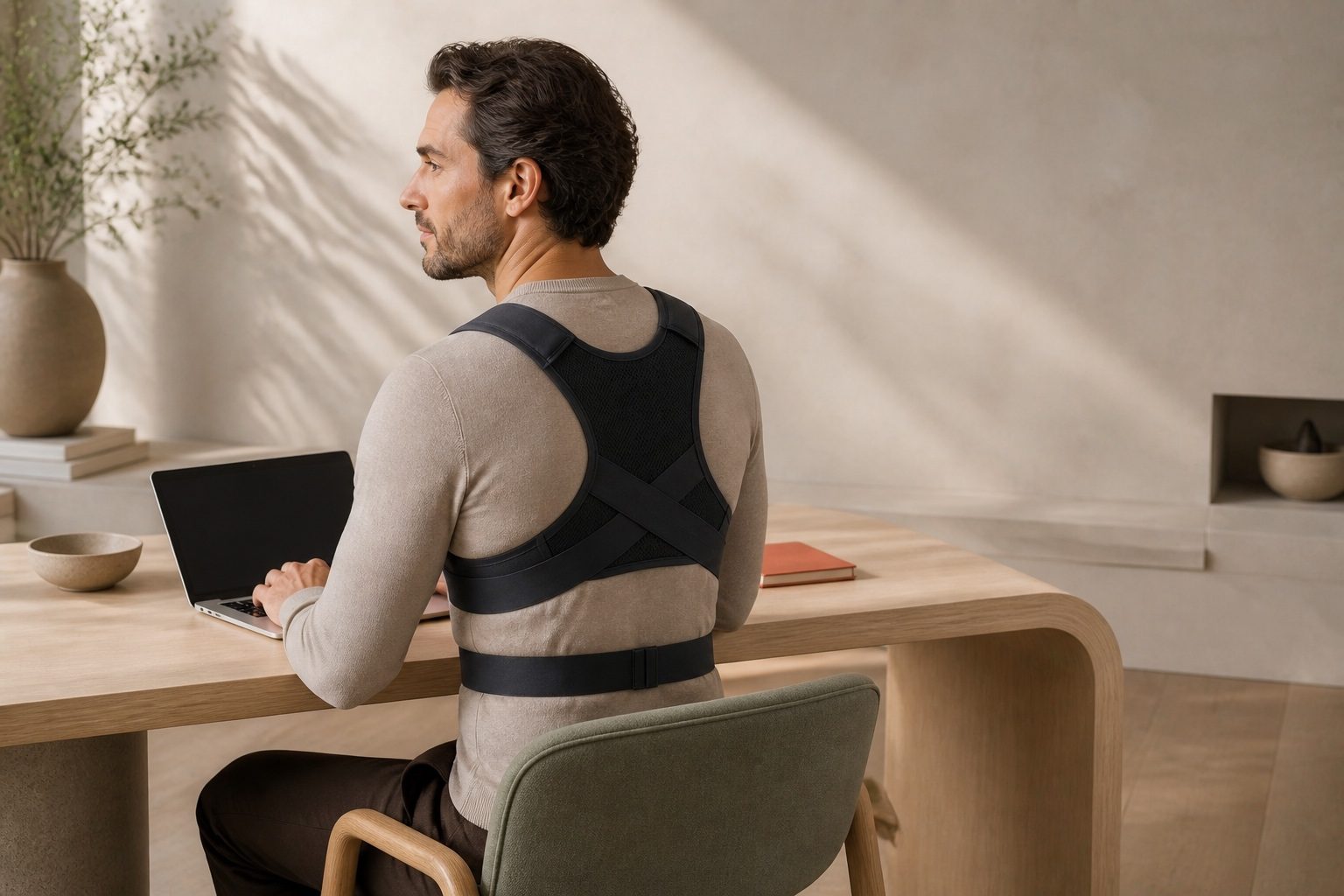 A man wearing the corrector while working at a desk